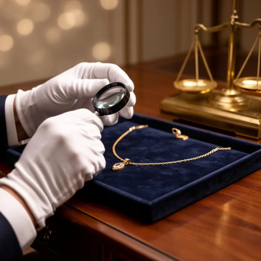 Expert taxeert gouden ketting met loep en weegschaal in Den Bosch
